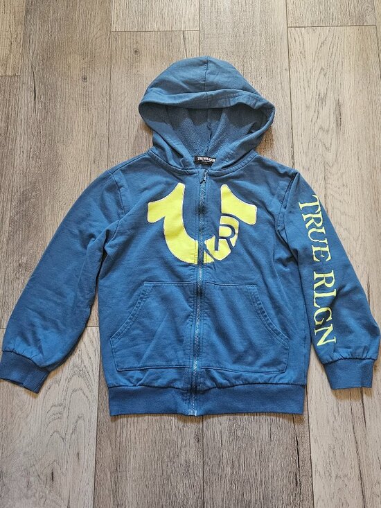 True Religion Other - True Religion Brand Jeans Boys Medium 7-8 Blue Zip Up Spellout Hoodie Kids EUC